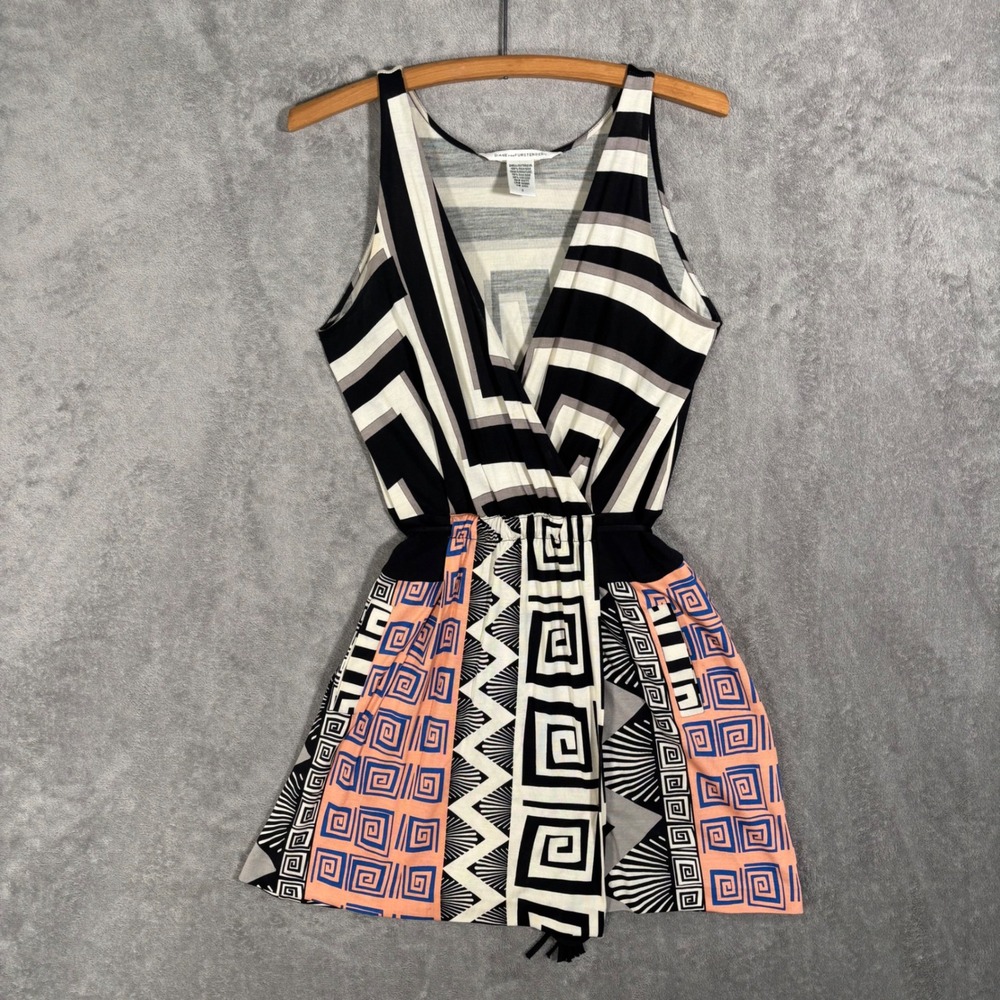 Diane von Furstenberg DVF Oblixe‎ Silk Geometric Print V-Neck Mini Dress Size 6